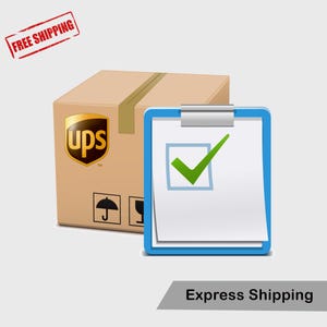 Puede incluir: Una caja de cart&oacute;n marr&oacute;n con el logotipo de UPS y una portapapeles azul con una marca de verificaci&oacute;n verde. La imagen tambi&eacute;n incluye el texto "Express Shipping" y un sello "Free Shipping".