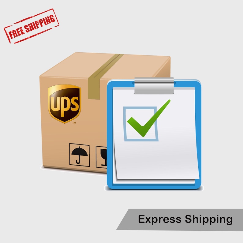 Puede incluir: Una caja de cart&oacute;n marr&oacute;n con el logotipo de UPS y una portapapeles azul con una marca de verificaci&oacute;n verde. La imagen tambi&eacute;n incluye el texto "Express Shipping" y un sello "Free Shipping".