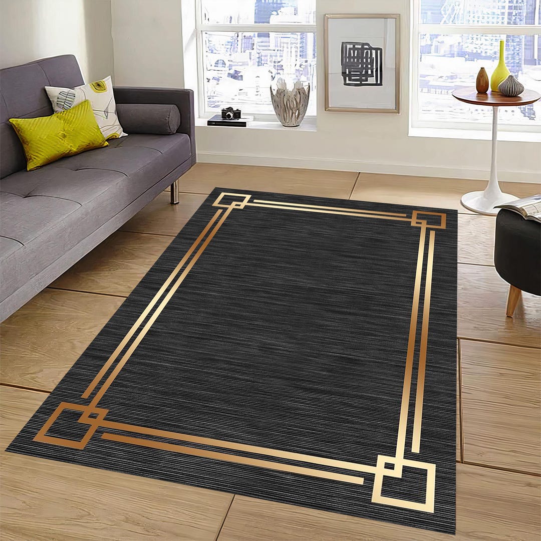 Area Rug,modern Rug, Plain Black Rug, Gold Edged Rug, Washable Rug ...