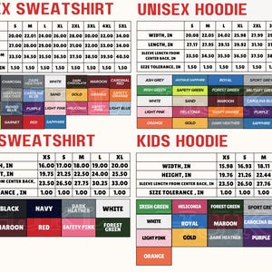 a collection of four different types of clothing items: a unisex sweatshirt and a unisex hoodie, a kids sweatshirt and a kids hoodie, and a sport sweatshirt and a sport hoodie. Each item is described in detail, including its width, length, sleeve length, and color options. The image is a collage of four separate images, each showcasing a different type of clothing item.