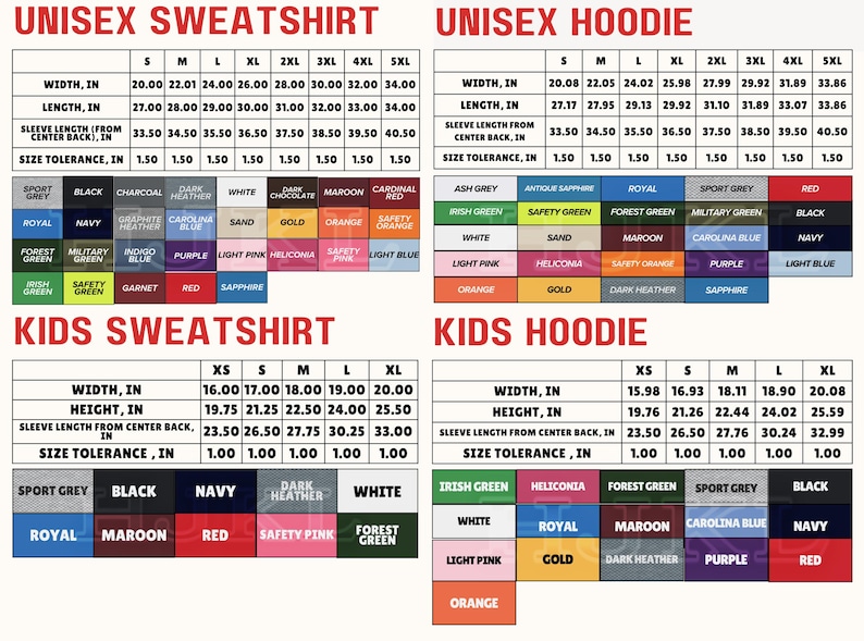 a collection of four different types of clothing items: a unisex sweatshirt and a unisex hoodie, a kids sweatshirt and a kids hoodie, and a sport sweatshirt and a sport hoodie. Each item is described in detail, including its width, length, sleeve length, and color options. The image is a collage of four separate images, each showcasing a different type of clothing item.