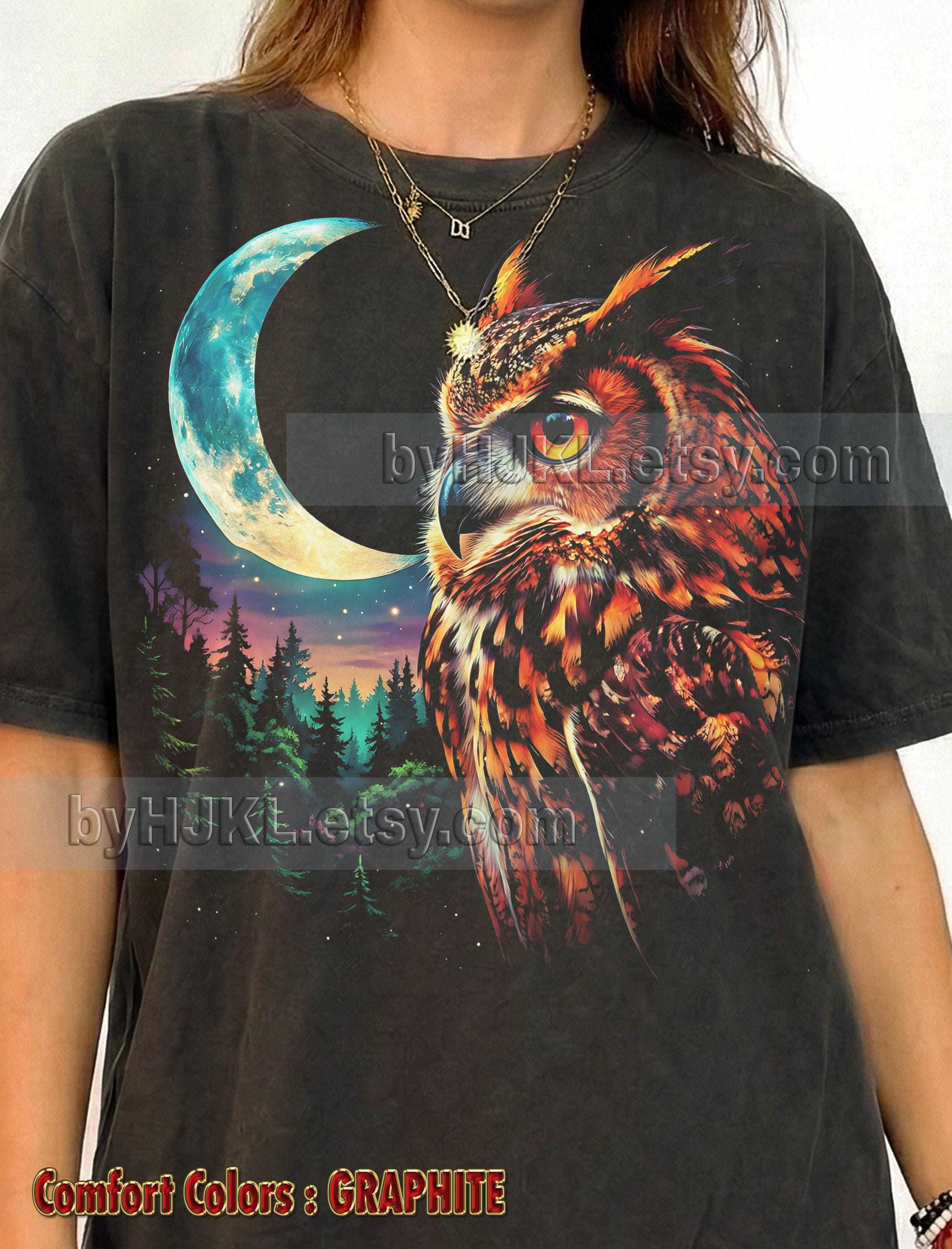Mystical Owl Moon Comfort Colors® Tshirt, Vintage Forest Bird Lover Tee, Night Sky Nature Shirt,