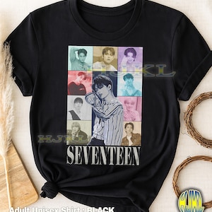 May include: Black adult unisex t-shirt featuring a collage of nine images of a musical group, with the word "SEVENTEEN" printed in white. The shirt is made of a soft material.