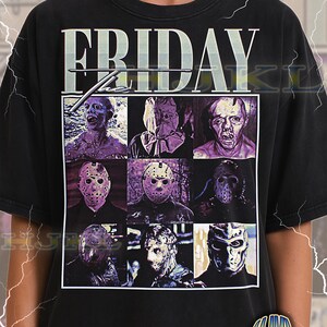 May include: Black adult unisex t-shirt featuring the word "FRIDAY" in a distressed font above a grid of horror movie stills. The shirt has a crew neck and short sleeves. The text "ADULT Unisex Shirt : BLACK" is printed at the bottom.