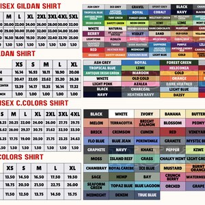 a detailed guide to various sizes and colors of adult unisex girdan shirts, including youth and adult unisex options. It provides information on the width, length, sleeve length, and color choices for each size, as well as the corresponding prices. The guide also lists the different types of girdan shirts available, such as the royal blue, forest green, sport grey, black, and more. The image is a collage of multiple images, and the text is concise and avoids redundancy.