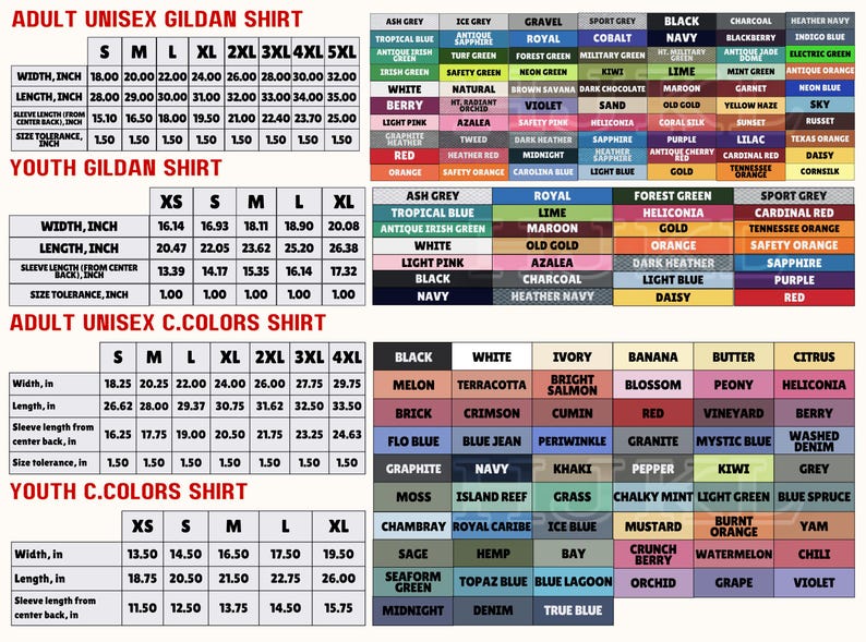 a detailed guide to various sizes and colors of adult unisex girdan shirts, including youth and adult unisex options. It provides information on the width, length, sleeve length, and color choices for each size, as well as the corresponding prices. The guide also lists the different types of girdan shirts available, such as the royal blue, forest green, sport grey, black, and more. The image is a collage of multiple images, and the text is concise and avoids redundancy.