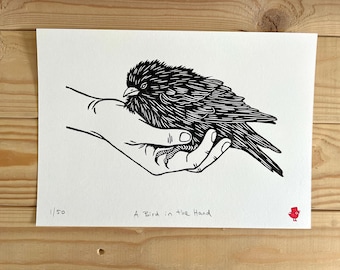 Linocut Bird Print: Black and White Hand-Printed Wall Art, Limited Edition