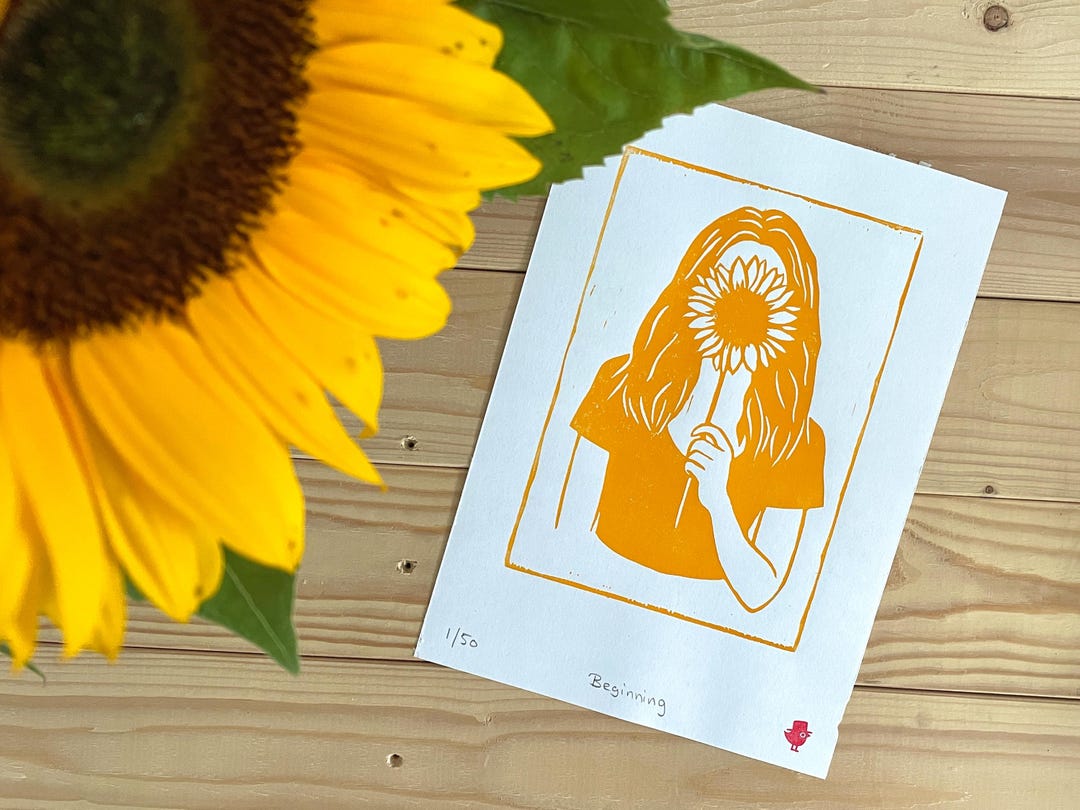 Hand-printed Sunflower Linocut Art – Limited Edition Yellow Print - Etsy