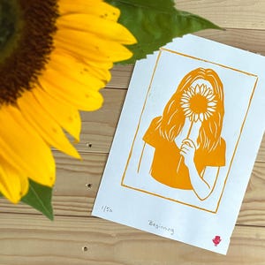 Linocut Print – Hand-Printed Yellow Sunflower Art - Limited Edition Wall Print