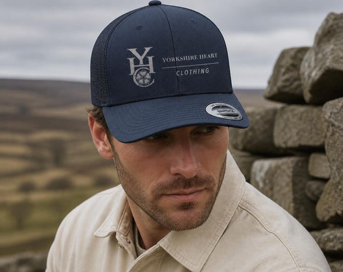 Featured listing image: Embroidered Yorkshire Trucker Cap: Unisex Two-Tone Adjustable Mesh Hat