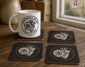 Yorkshire Coaster Set of Four – Glossy Cork-Backed Drink Mats with Heart and Rose Artwork