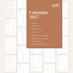 Könnte beinhalten: Ein digitales Kalender-Planer-Set für 2027 mit einem terrakottafarbenen Einband, der den Text Mind & Plan, Calendar 2027, Dated, 42 Pages, A4 & A5 Size, English, Instant Download, Printable & Digital, Minimalistic und Distraction-Free enthält.