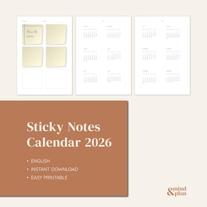 CALENDAR 2026 | Sticky Notes | instant download | dated | PDF | easily print at home | English