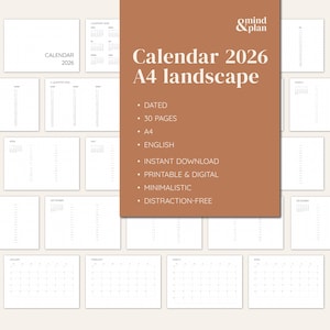 CALENDAR 2026 | Yearly Planner | Monthly Planner | instant download | dated | PDF | Print and Digital | 30 pages | A4 landscape | English
