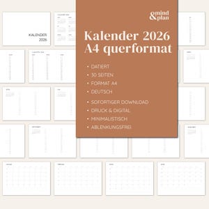 2026年カレンダー | 年間プランナー | 月間プランナー | 即時ダウンロード | 日付入り | PDF | 印刷とデジタル | 30ページ | A4横型 | ドイツ語