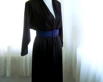 1980's LBD, Black Cocktail Dress With Deep Vee Neckline and Dolman Sleeves, Size Small