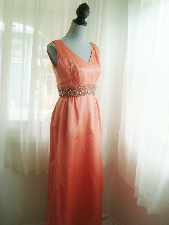1960's Peach Silk Formal Dress, Evening Gown With… - image 1