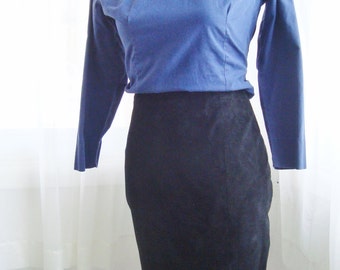 80's Black Suede Skirt, High Waisted Pencil Skirt, Size 8