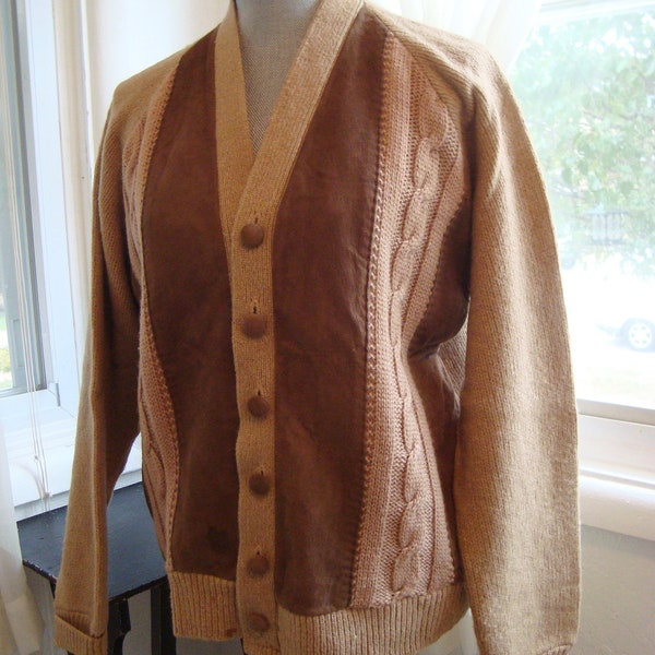 Brown Wool and Leather Men's Cardigan Sweater by Campus, Size Large