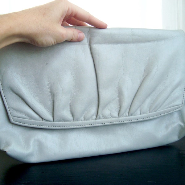 80's Envelope Clutch, Huge Dove Grey Faux Leather Convertible Clutch, With Shoulder Strap