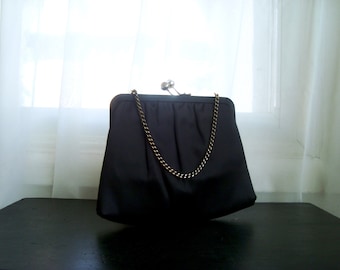 Black Satin Evening Bag, Lovely Black Satin Convertible Cutch, By Ande