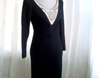 Exquisitely Beaded Mr. Blackwell Cocktail Dress,  1960's Designer Black Wool Evening Dress,  Size Small