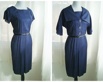 Wiggle Dress with Matching Crop Jacket, Beautiful 1960s's Two-Piece Set in Navy Blue, Size Medium