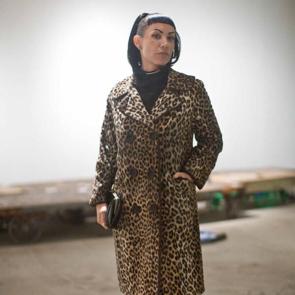 1960's Faux Fur Leopard Print Double Breasted Coat, Huge Buttons, Size Medium to Large