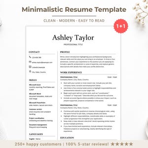 以下が含まれることがあります： 上部にAshley Taylorという名前が記載された履歴書テンプレート。連絡先情報、スキル、プロフィール、職務経歴、学歴のセクションがあります。レイアウトは2列構成で、白い背景に黒いテキストで構成されています。