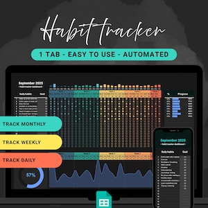 Może przedstawiać: Cyfrowy tracker nawyków wyświetlany na laptopie i smartfonie. Ekran pokazuje układ kalendarza ze śledzeniem codziennych nawyków, paskami postępu i tekstem "Habit Tracker". Projekt zawiera tekst "1 TAB - EASY TO USE - AUTOMATED."