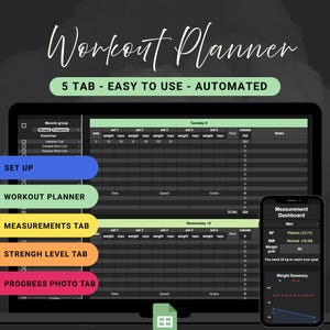 Może przedstawiać: Cyfrowy planer treningowy wyświetlany na laptopie i smartfonie. Ekran laptopa pokazuje arkusz kalkulacyjny z polami śledzenia ćwiczeń. Smartfon wyświetla panel pomiarowy i podsumowanie wagi.