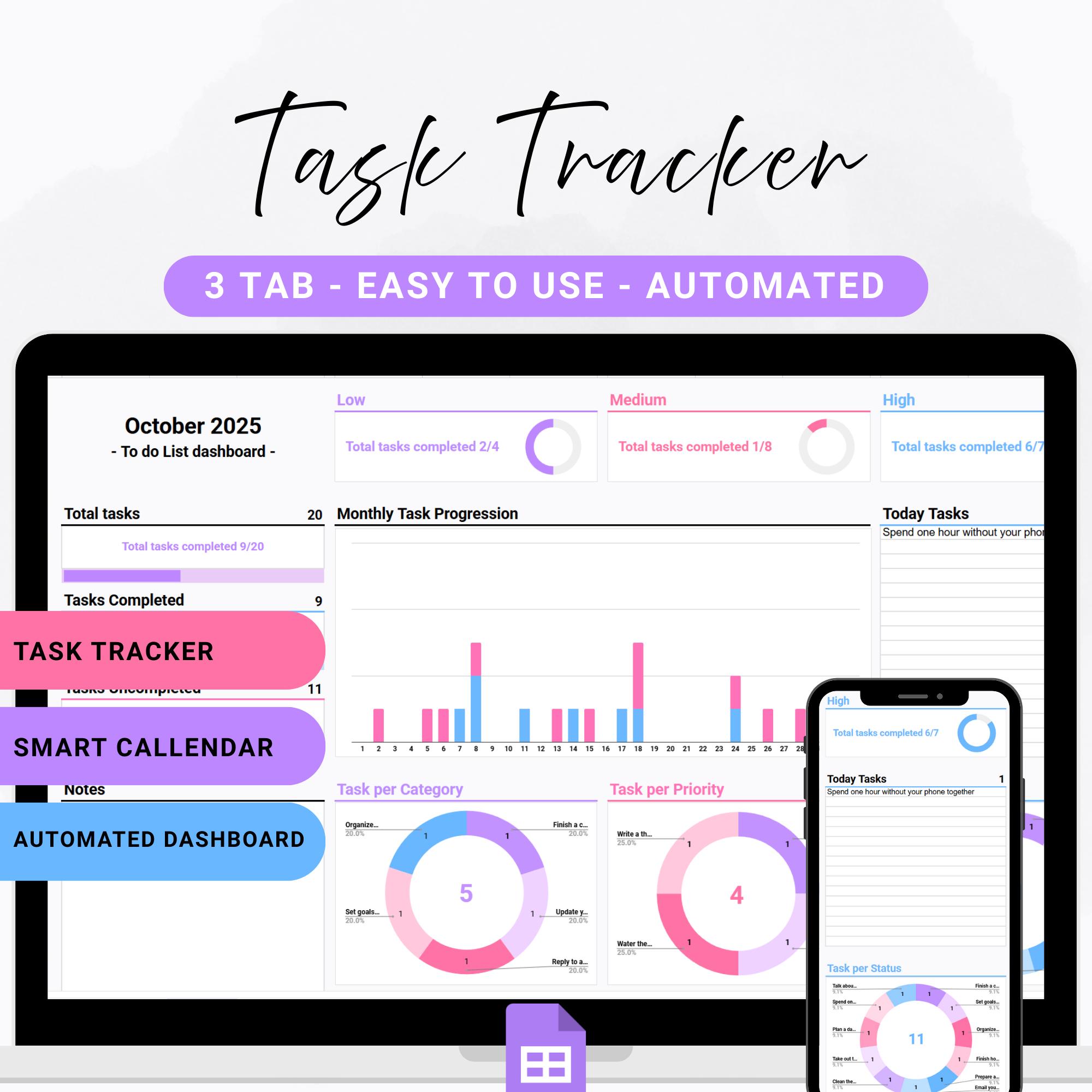 Task Tracker Google Sheets To Do List Spreadsheet Project Management Template Digital Productivity Planner Daily Weekly Work Organizer 2026