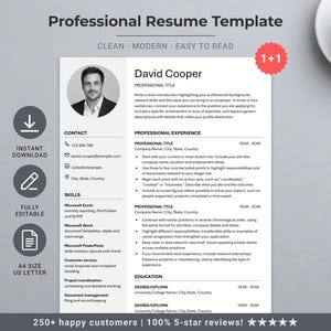 May include: A professional CV template document featuring a black and white layout with a circular headshot placeholder, contact information, skills section, professional experience, and education fields. The text includes Professional Resume Template, Clean - Modern - Easy to Read, Instant Download, Fully Editable, and A4 Size US Letter.