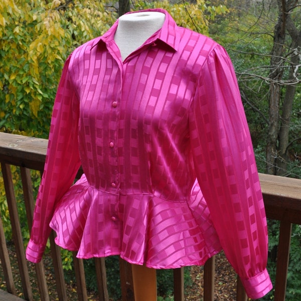 1980s Hot Pink Striped Blouse. Size 10  Top with Peplum. Dressy Shirt. Trendy Office Wear.