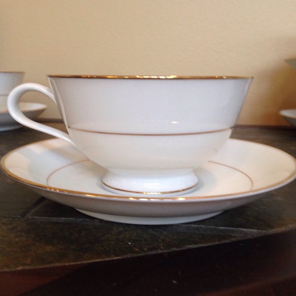 Vintage Noritake porcelain Tea cup and saucer, White china tea set. Gold rimmed china. Tea party settings