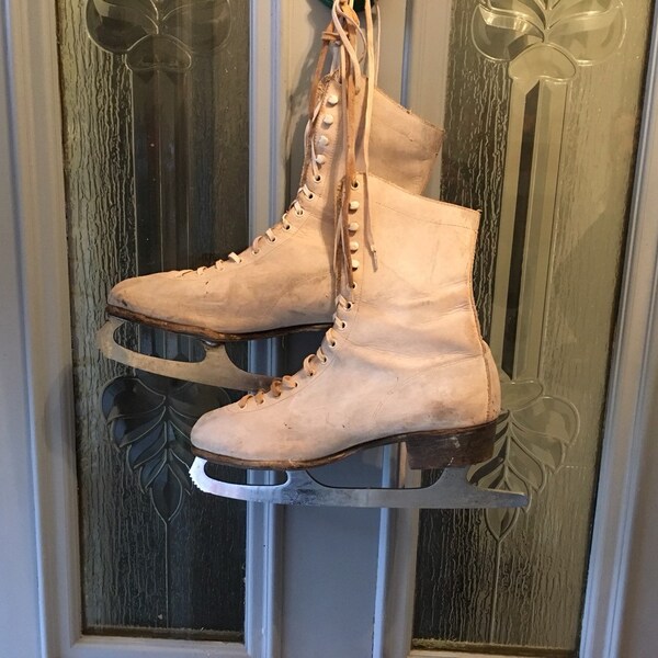 Vintage White Figure Skates. Winter Door Decor. Holiday Decorations. Crafting supply ice skates.