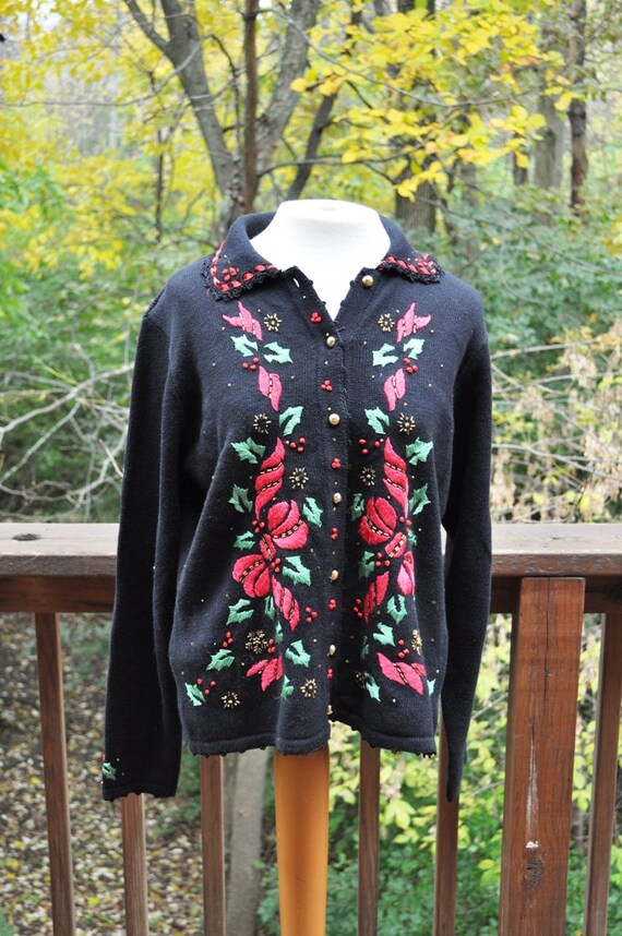 Vintage Christmas Sweater Black Knit Cardigan with red bows and holly Ugly Xmas Sweater party wear Vintage Christmas Sweater Black Knit Cardigan with red bows and holly Ugly Xmas Sweater party wear