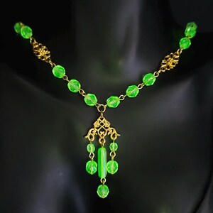 Uranium Glass Necklace Vaseline Yellow Vintage Czech Beads Handmade Statement Jewelry Gift for Her Unique Collector Piece