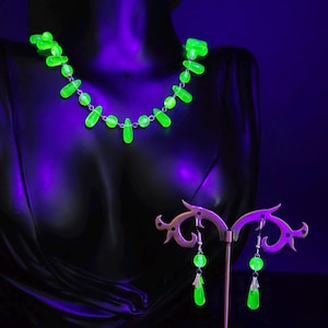 Handmade Uranium Glass Jewelry for Women Vaseline Yellow Glass Necklace and Earrings Vintage Czech Beads Art Deco Style Gift Idea for Her