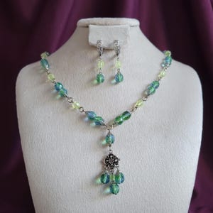 Art Deco Style Uranium Glass Necklace and Earrings Vintage Czech Beads Vaseline Glass Gift for Women Handmade Jewelry Gift for Her