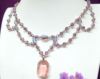 Pink Glass Necklace 18'' Vintage Glass Czech Beads Handmade Jewelry