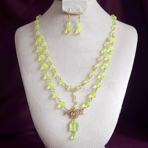Uranium Glass Necklace and Earrings Gift for Women Vaseline Yellow Glass Czech Vintage Beads Handmade Jewelry Gift for Her Art Deco Style