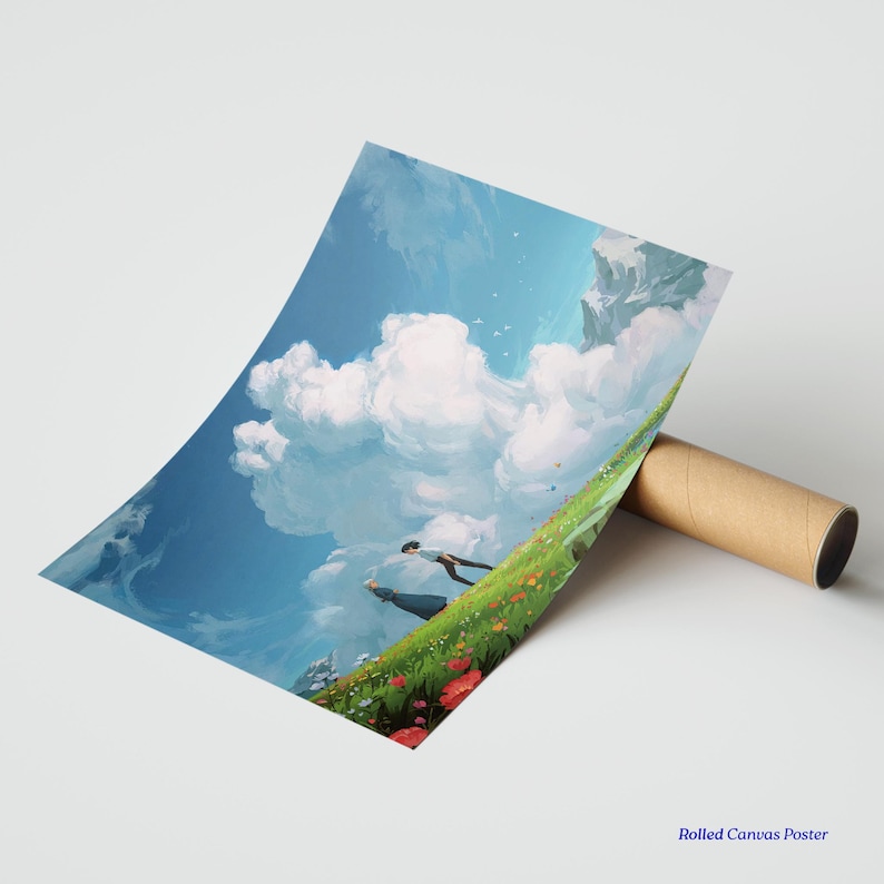 K&ouml;nnte beinhalten: Gerollte Leinwandposter mit einem Landschaftsgem&auml;lde mit blauem Himmel, wei&szlig;en Wolken und einem grasbewachsenen H&uuml;gel mit Blumen. Das Kunstwerk zeigt zwei Figuren. Das Poster ist aufgerollt und mit einer braunen Papprolle gesichert.