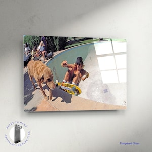 May include: Tempered glass wall art featuring a vintage photograph of a skateboarder in a pool with a dog. The skateboarder is wearing a hat and sunglasses. The dog is brown. The skateboard has the text "POWERFLEX".
