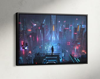 Poster Cyberpunk City, stampa Cyberpunk Night City, arte murale neofuturistica, tela con luci al neon, arte murale per sala giochi