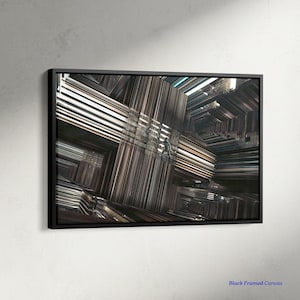 Può includere: Stampa artistica geometrica astratta in una cornice nera. L'opera presenta un design complesso e multistrato con elementi lineari marroni e bianchi, creando un senso di profondità e struttura. Le parole "Black Framed Canvas" sono nell'angolo in basso a destra.