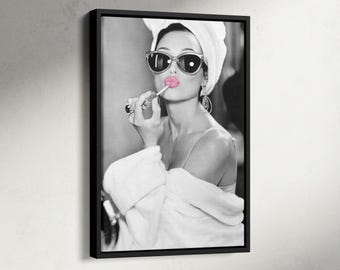Audrey Hepburn Lipstick Print, Audrey Hepburn Pink Lips Poster, Black and White Wall Art, Old Hollywood