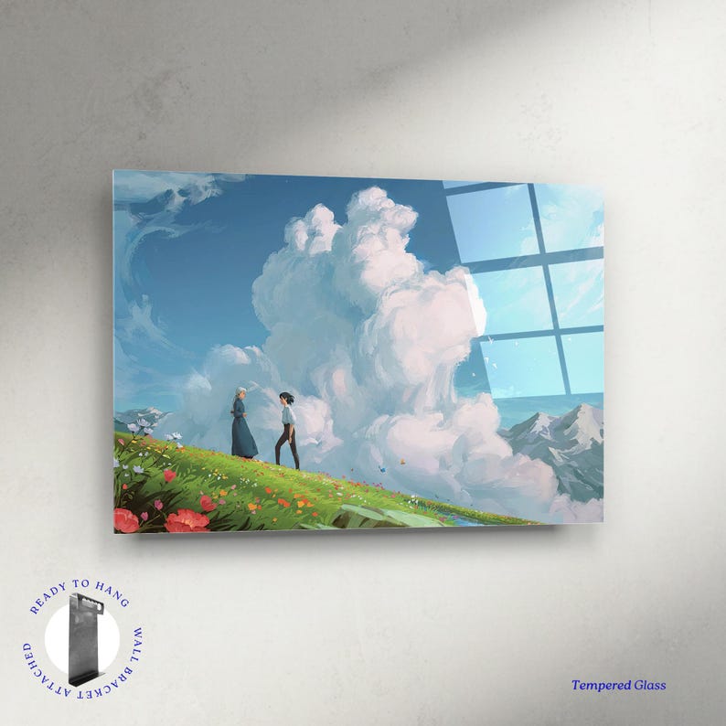 K&ouml;nnte beinhalten: Ein Wandkunstwerk aus Glas mit einer malerischen Illustration von zwei Figuren auf einem grasbewachsenen H&uuml;gel mit Blumen unter einem bew&ouml;lkten blauen Himmel. Das Kunstwerk hat eine Bergkette im Hintergrund. Der Text "Tempered Glass" befindet sich unten rechts.