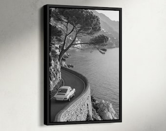 Vintage Car Amalfi Coast Print, Old Money Aesthetic, Black and White Italy Poster