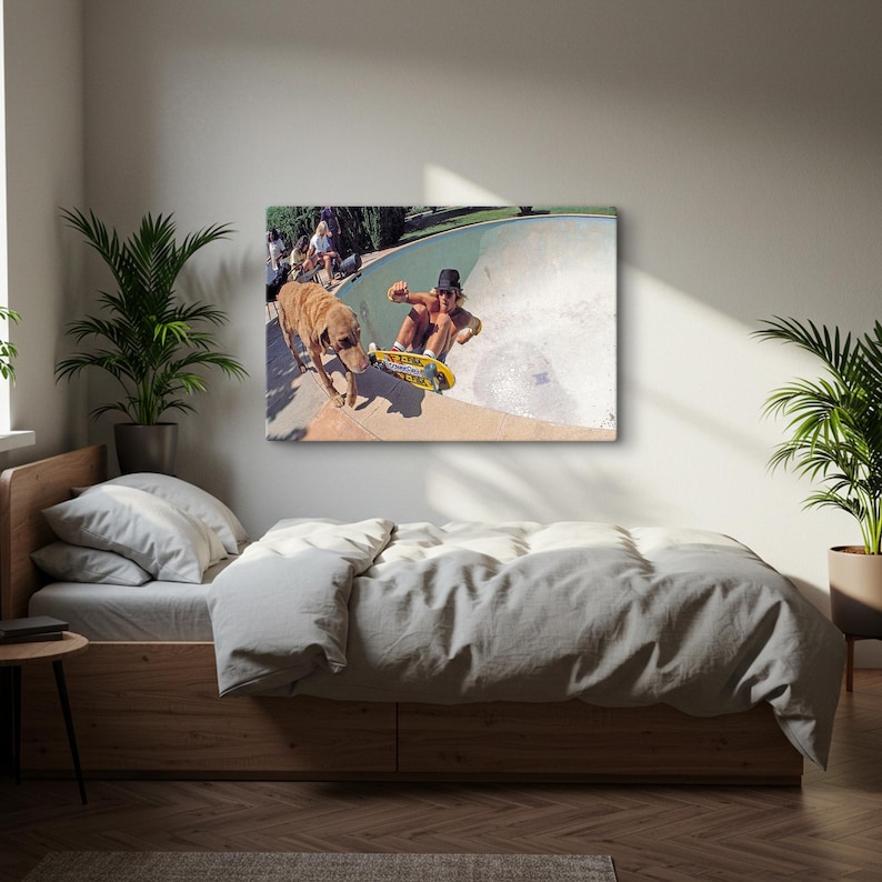 May include: A canvas print depicting a skateboarder in a pool with a dog. The skateboarder is riding a yellow skateboard. The dog is brown. The pool is white and green. The print is hanging above a bed with a wooden frame.
